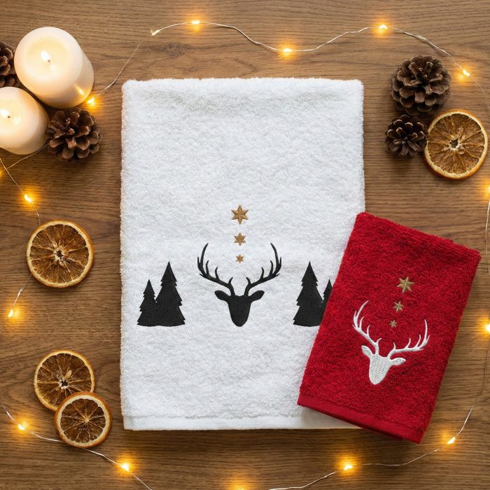 Komplet ręczników z Bawełny Egipskiej - Zimowy Renifer
