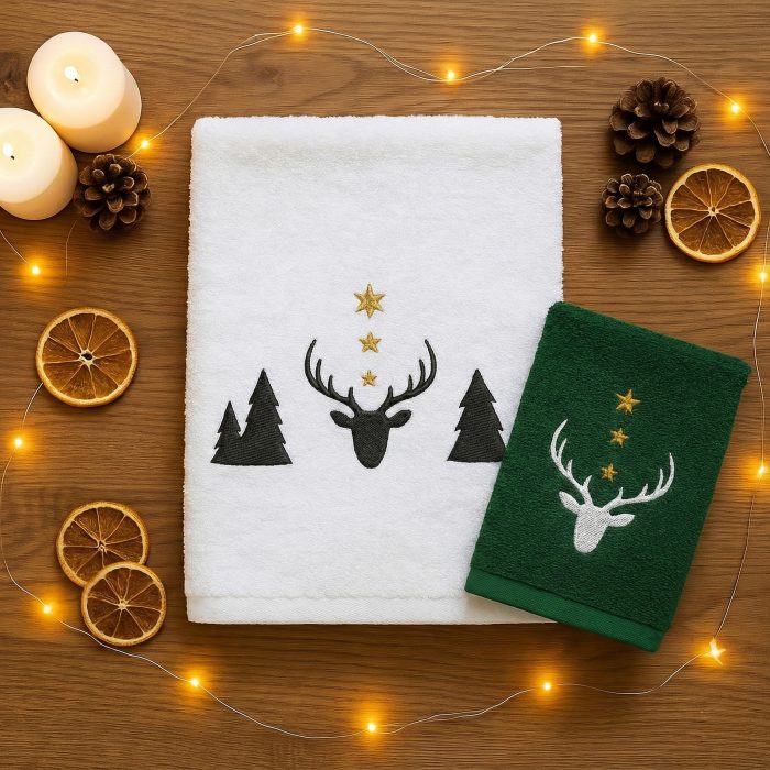 Komplet ręczników z Bawełny Egipskiej – Zimowy Renifer / Zielony